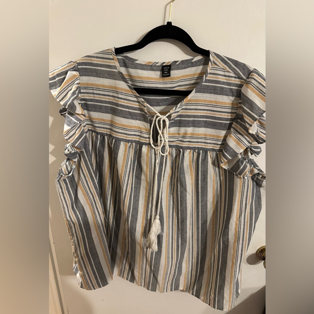 Colorful Striped Tie Neck Flutter Sleeve Blouse